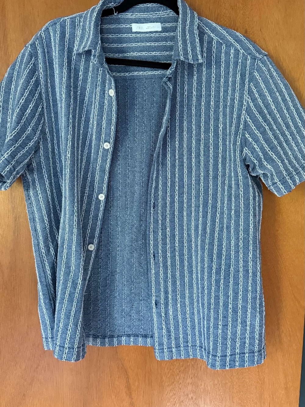 Zara Navy and White Vertical-Stripe Short-Sleeve Button-Down Shirt